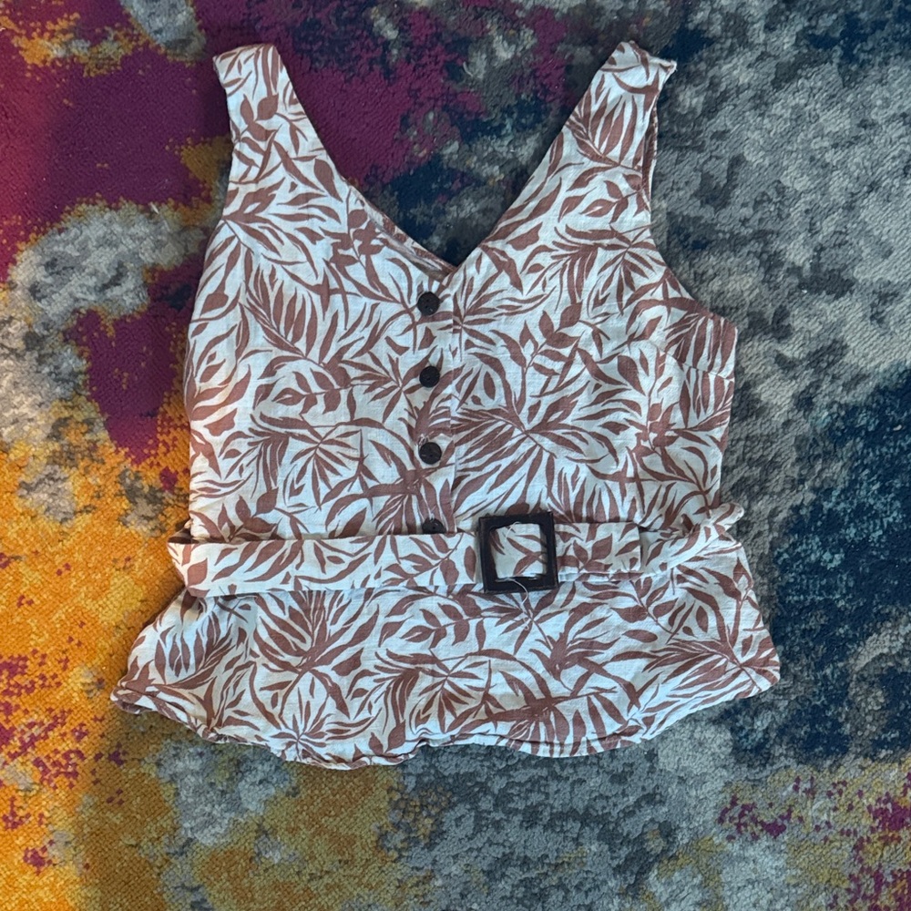 Tropical Leaf Print V-Neck Blouse